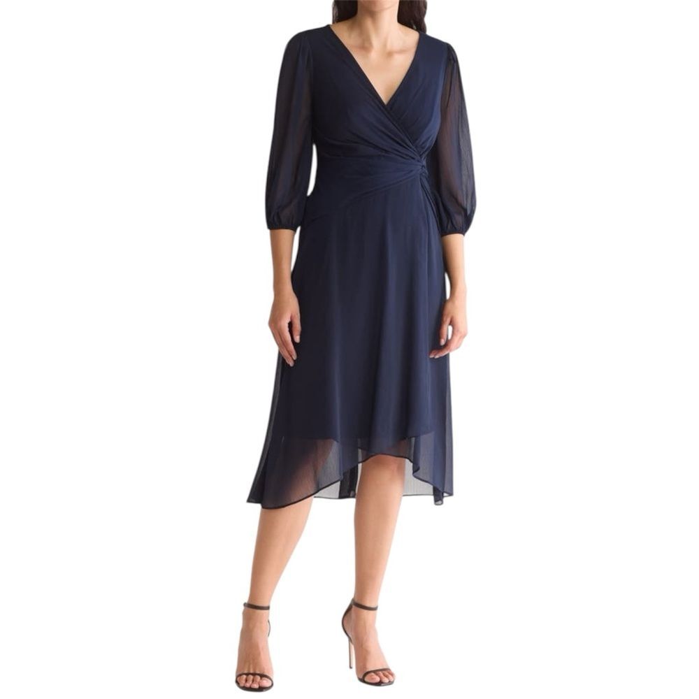 DKNY Size 8 Dress Navy Blue Faux Wrap Cascading Midi Cocktail